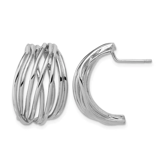 Pair of polished silver chunky ridged hoop earrings shown from front and side angles with post and clutch closures.