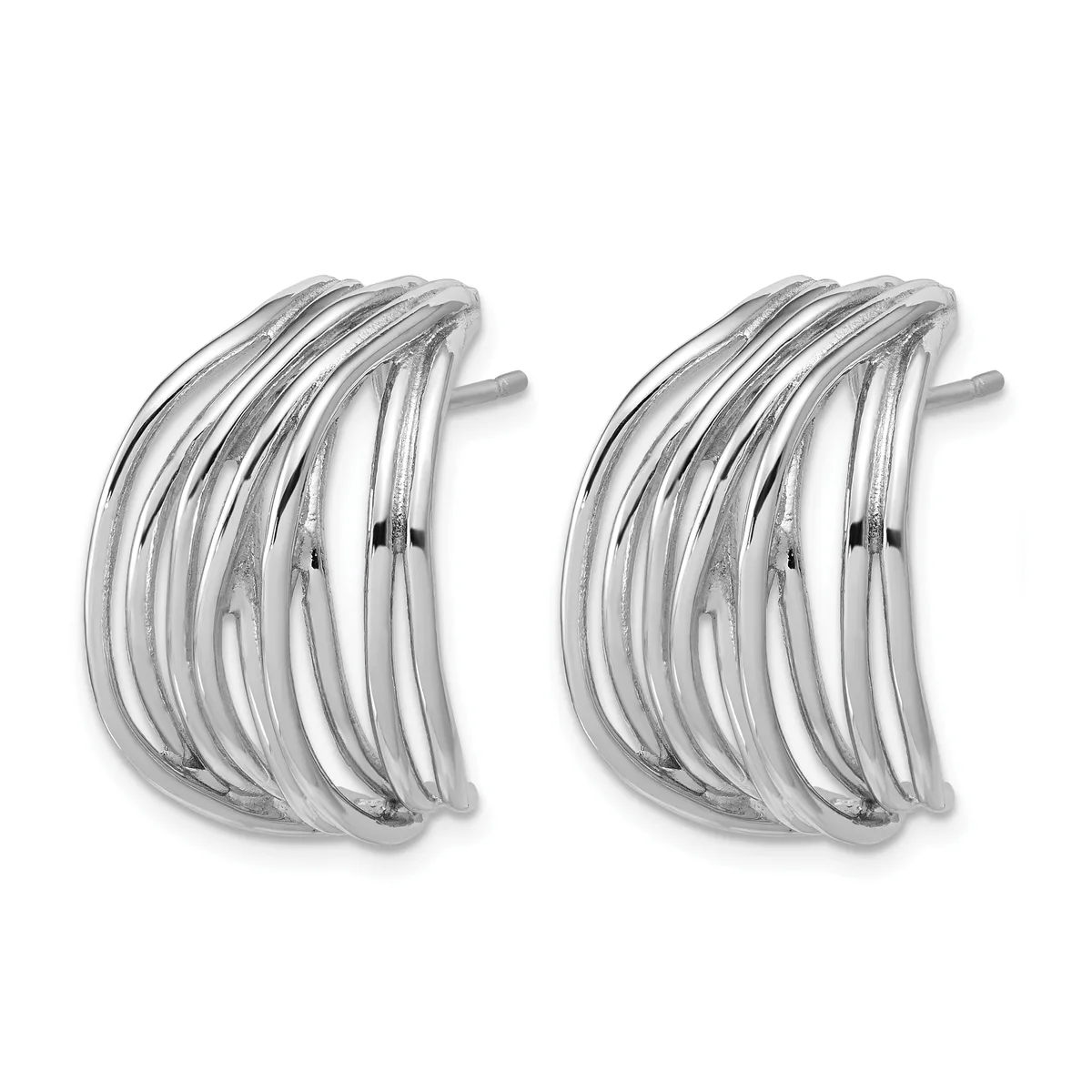 A pair of polished silver curved hoop earrings with multiple layered bands, shown from the front against a white background.