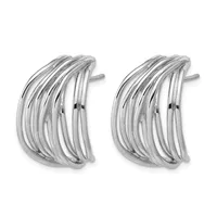 A pair of polished silver curved hoop earrings with multiple layered bands, shown from the front against a white background.