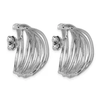 A pair of polished silver half-hoop earrings with multiple parallel ridged bands, shown from the front with stud backs.