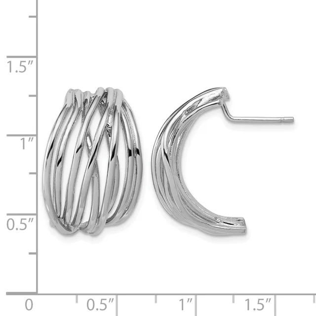 A pair of polished silver ridged hoop earrings shown against a measurement scale indicating they are approximately 1.25 inches tall.