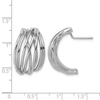 A pair of polished silver ridged hoop earrings shown against a measurement scale indicating they are approximately 1.25 inches tall.
