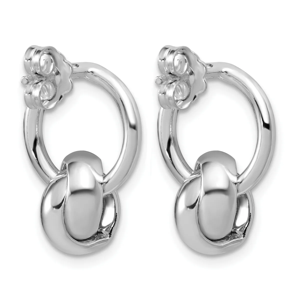Pair of polished silver-tone chunky oval hoop earrings with smaller decorative oval drops suspended below, shown against a white background.