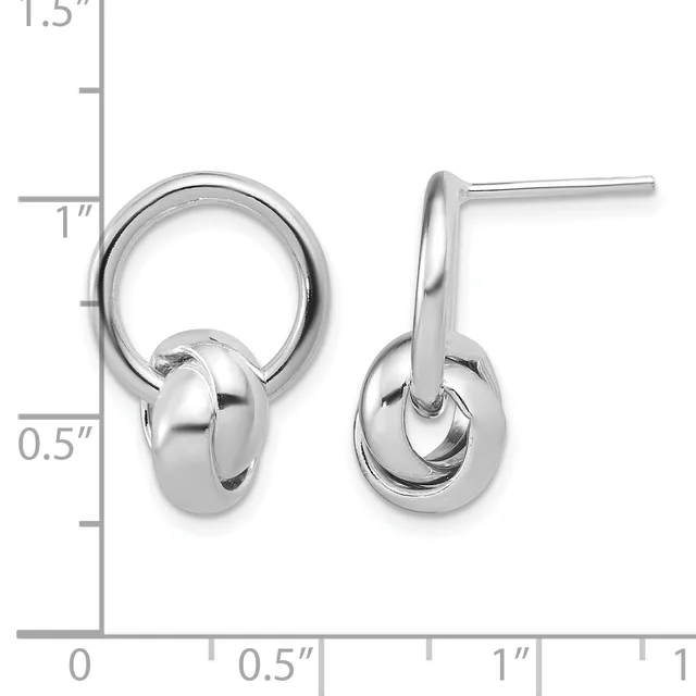Pair of polished silver-toned drop earrings with looped designs, shown against a measurement ruler indicating approximately one inch in length.