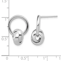 Pair of polished silver-toned drop earrings with looped designs, shown against a measurement ruler indicating approximately one inch in length.