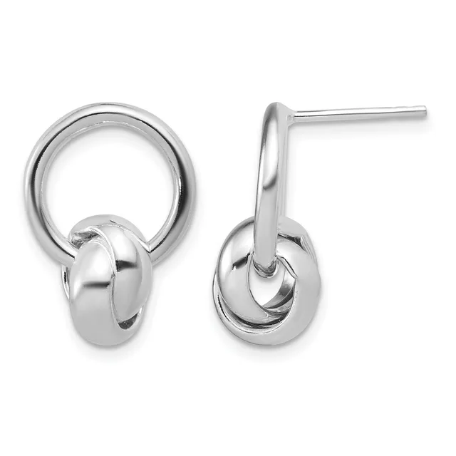 Pair of silver circle drop earrings with polished oval charms hanging from post and backing closures, shown from front and side views.