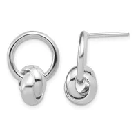 Pair of silver circle drop earrings with polished oval charms hanging from post and backing closures, shown from front and side views.