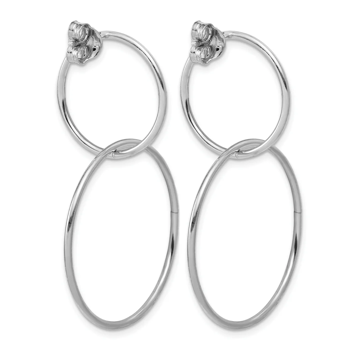 Pair of silver-toned double hoop earrings with floral stud tops, shown against a white background.