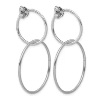 Pair of silver-toned double hoop earrings with floral stud tops, shown against a white background.