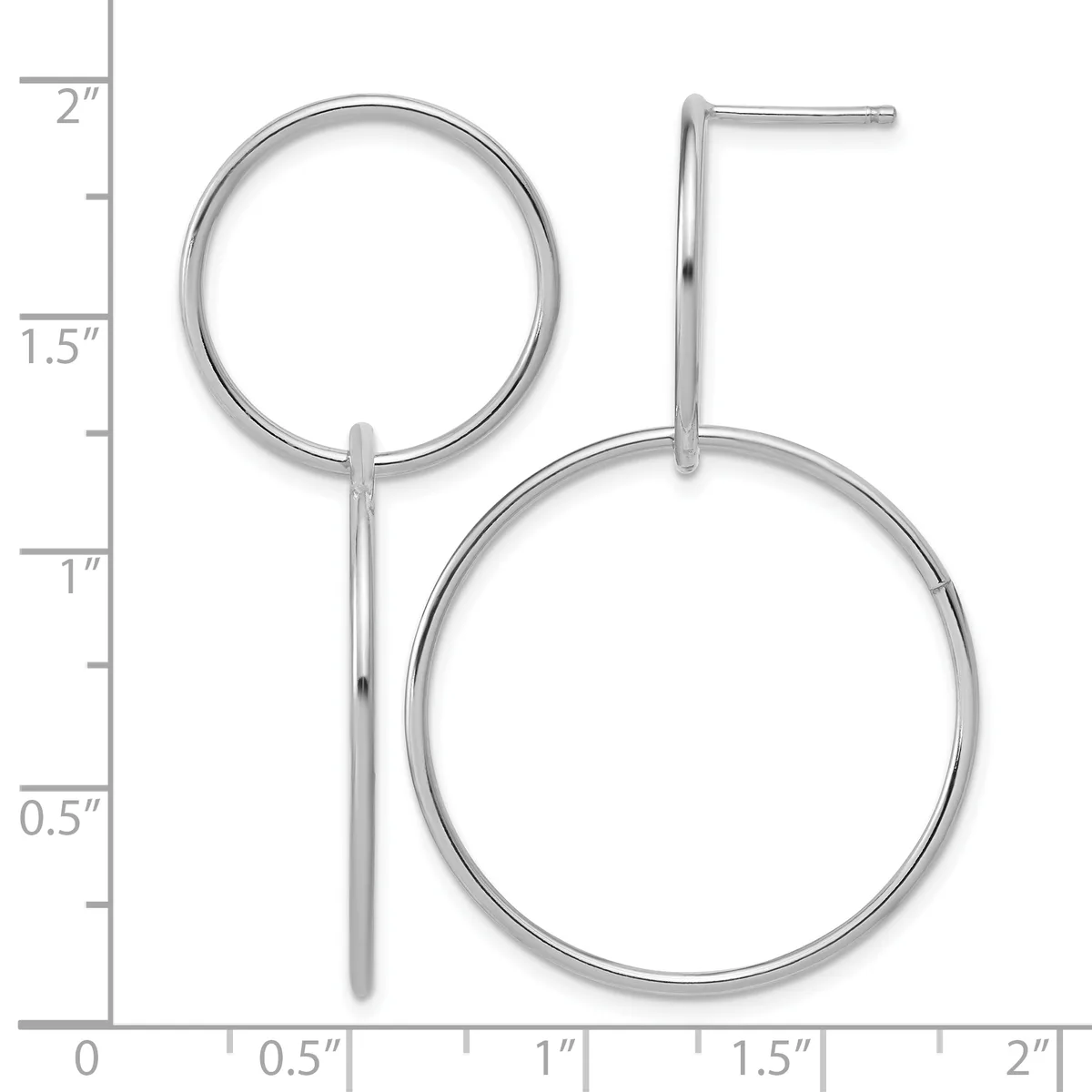 Two silver hoop earrings of different sizes connected by a thin post, displayed against a measurement scale showing approximately two inches in height.