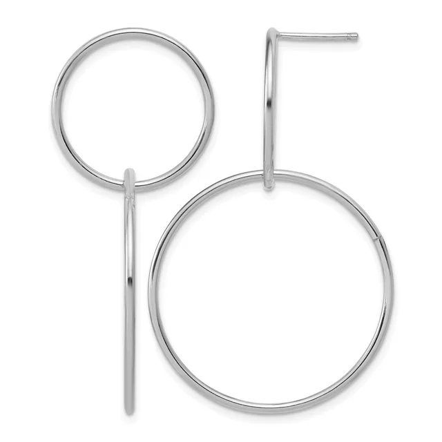 Pair of sterling silver drop earrings with small circles at top and larger circles suspended below on thin posts.