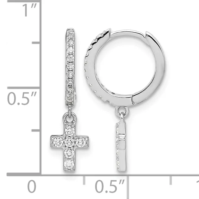 Silver huggie hoop earrings with dangling cross charms set with cubic zirconia stones, displayed on a measurement scale showing approximately one inch in length.