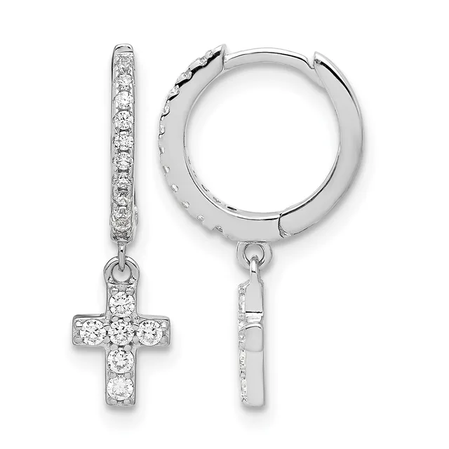 A pair of silver hoop earrings with diamond-patterned bands and dangling cross charms set with round diamonds, shown from the front and back.