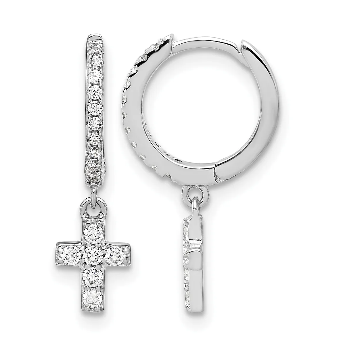 A pair of silver hoop earrings with diamond-patterned bands and dangling cross charms set with round diamonds, shown from the front and back.