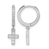 A pair of silver hoop earrings with diamond-patterned bands and dangling cross charms set with round diamonds, shown from the front and back.