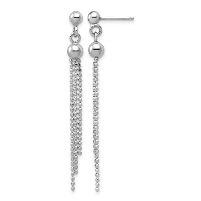 Pair of silver ball stud earrings with dangling beaded chain strands, shown against a white background.