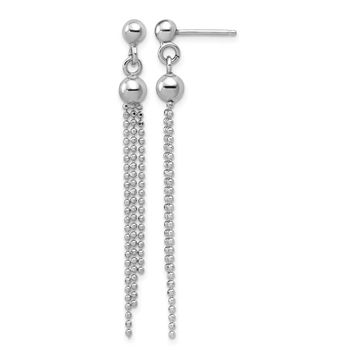 Pair of silver ball stud earrings with dangling beaded chain strands, shown against a white background.