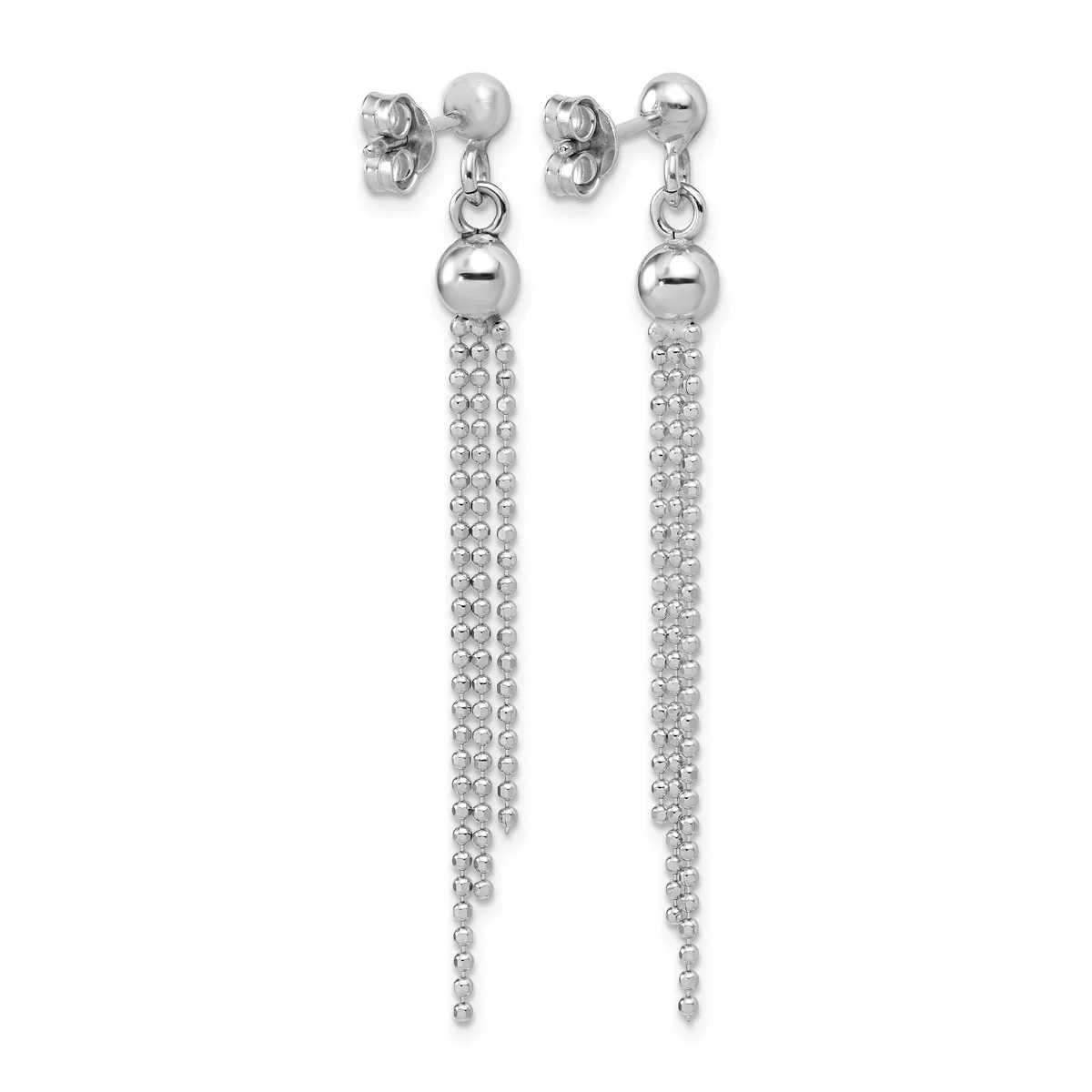 Pair of silver-toned dangle earrings with crystal stud tops and long chain strands featuring small beads throughout.