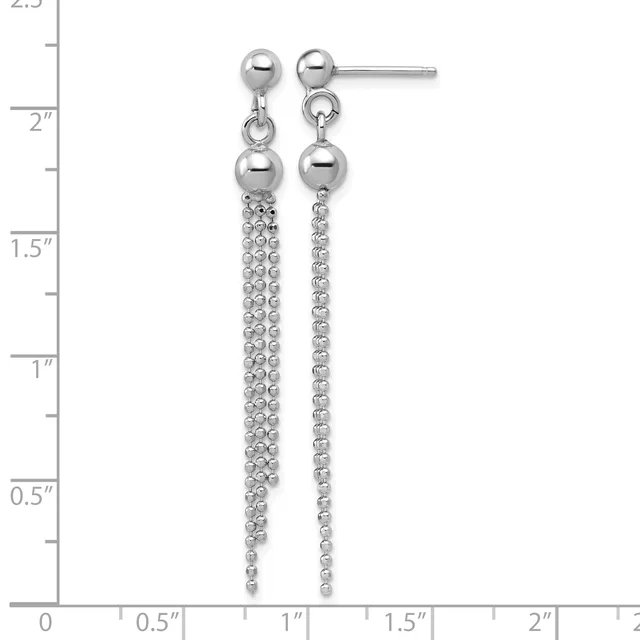Pair of silver-tone ball stud earrings with dangling beaded chain strands, shown against a measurement scale indicating approximately two inches in length.