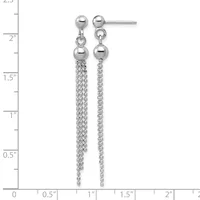 Pair of silver-tone ball stud earrings with dangling beaded chain strands, shown against a measurement scale indicating approximately two inches in length.