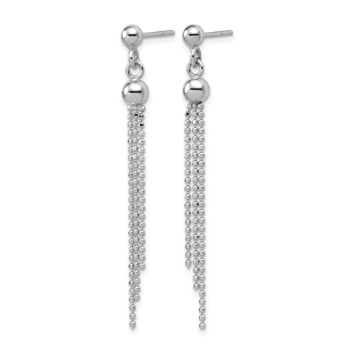 A pair of sterling silver drop earrings with ball studs and long tassel chains decorated with small beads throughout.