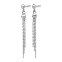 A pair of sterling silver drop earrings with ball studs and long tassel chains decorated with small beads throughout.