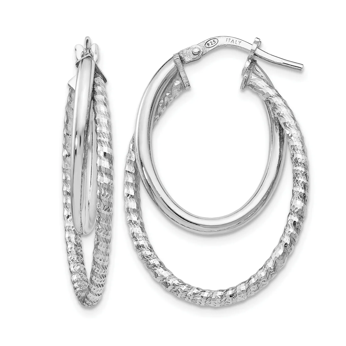 A pair of sterling silver double oval hoop earrings with textured outer surfaces and polished inner surfaces, shown from front and side views.