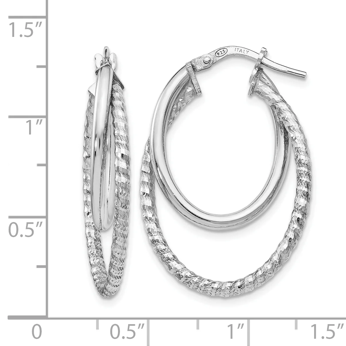 A pair of oval hoop earrings with textured surfaces, shown next to a measurement scale indicating approximately one inch in height.