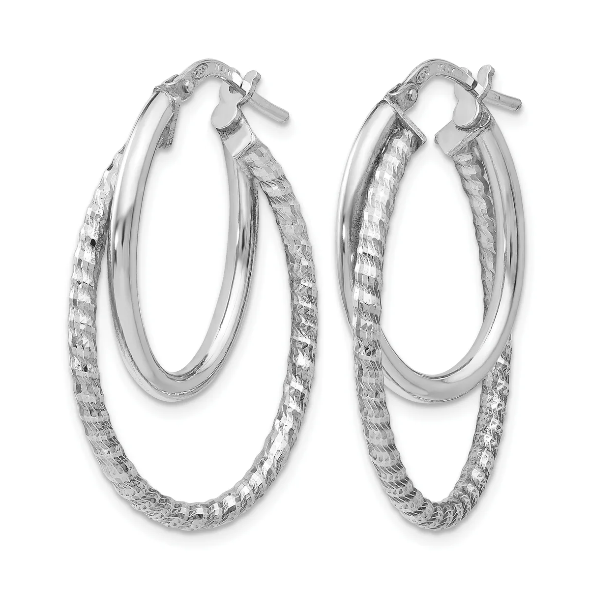 A pair of silver double hoop earrings with textured outer hoops and polished inner hoops, featuring post and clutch closures.