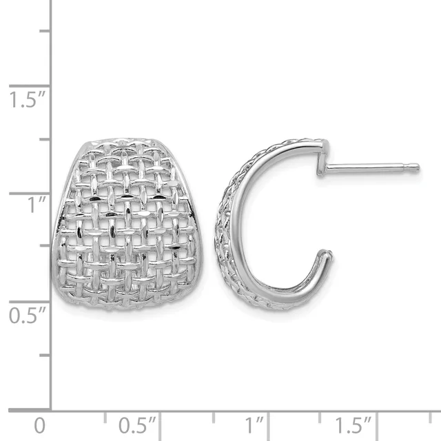A pair of silver earrings with textured basket-weave patterned domes and matching curved hoop posts, displayed against a measurement scale.