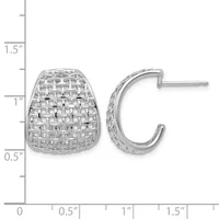 A pair of silver earrings with textured basket-weave patterned domes and matching curved hoop posts, displayed against a measurement scale.