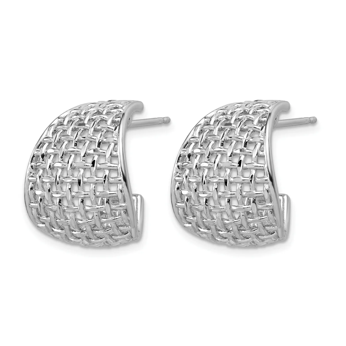 A pair of silver-toned chunky hoop earrings with a textured woven or basket-weave pattern on a white background.