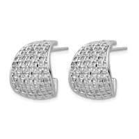 A pair of silver-toned chunky hoop earrings with a textured woven or basket-weave pattern on a white background.