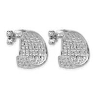 A pair of silver hoop earrings with a textured woven or lattice pattern, featuring small decorative knots at the top of each hoop.