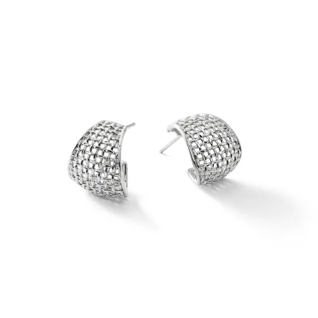 A pair of silver dome-shaped stud earrings with a woven or lattice texture, displayed against a white background.