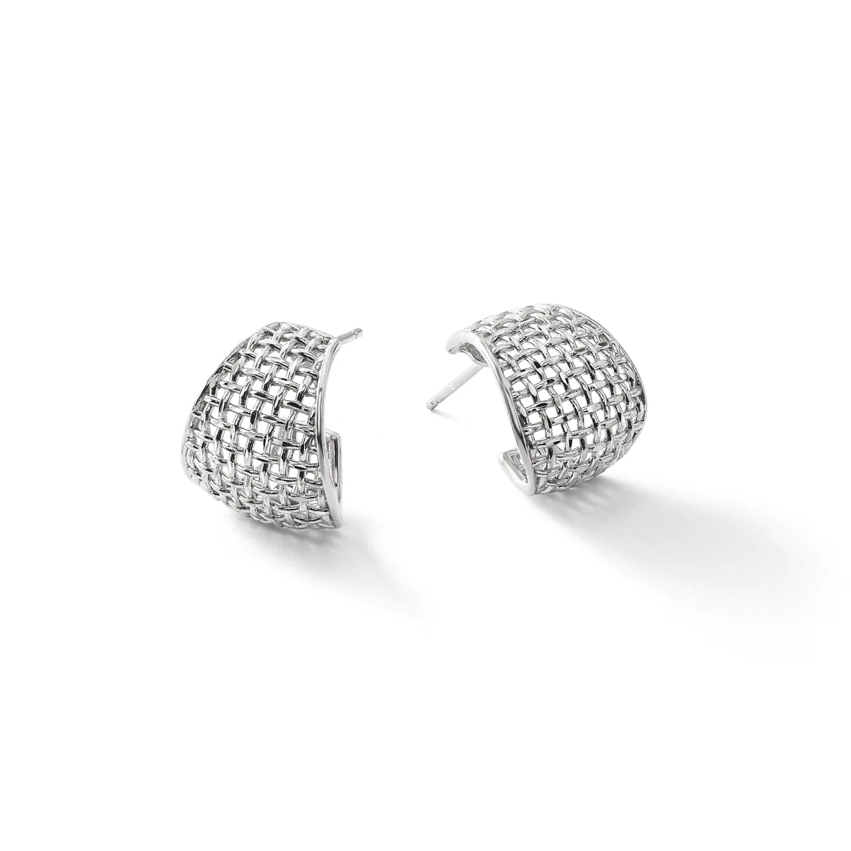 A pair of silver dome-shaped stud earrings with a woven or lattice texture, displayed against a white background.