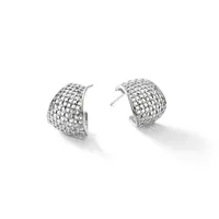 A pair of silver dome-shaped stud earrings with a woven or lattice texture, displayed against a white background.