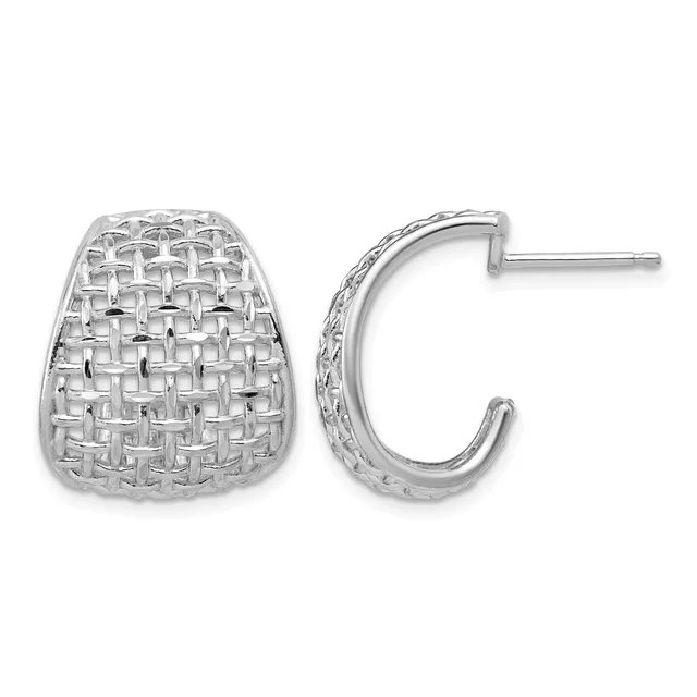 A pair of sterling silver hoop earrings with a woven basket-weave texture, shown from front and side views.