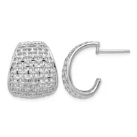 A pair of sterling silver hoop earrings with a woven basket-weave texture, shown from front and side views.