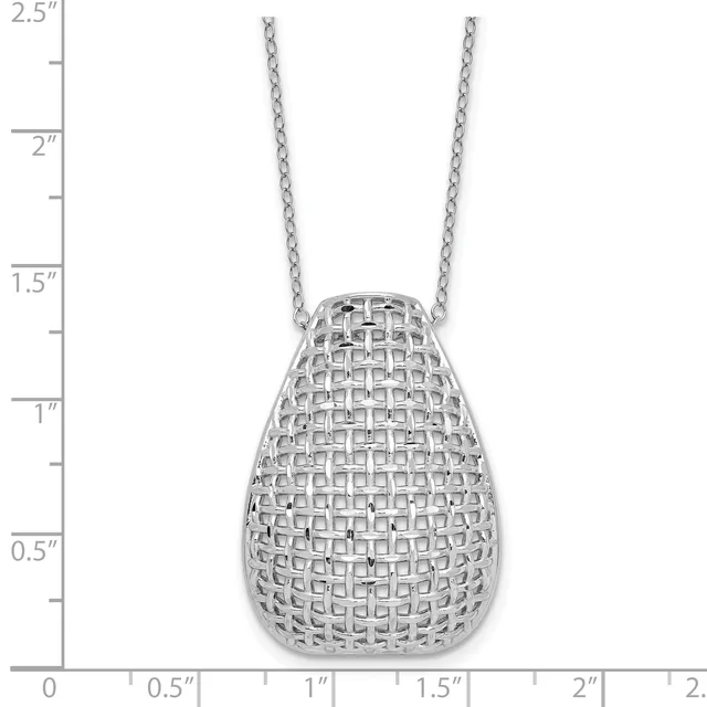 Silver teardrop pendant with a woven lattice pattern, suspended from a delicate chain, displayed against a measurement ruler showing scale up to 2.5 inches.