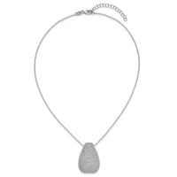 Silver-toned necklace with a thin chain and a teardrop-shaped pendant covered in small sparkling stones.