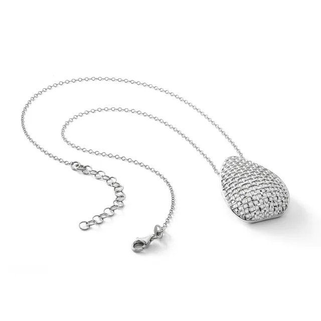 Silver teardrop pendant necklace with textured surface and matching chain, displayed coiled on a white background.