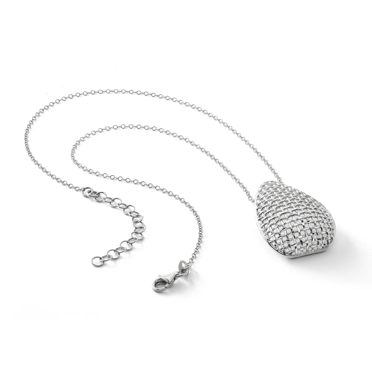 Silver teardrop pendant necklace with textured surface and matching chain, displayed coiled on a white background.