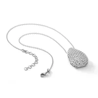 Silver teardrop pendant necklace with textured surface and matching chain, displayed coiled on a white background.