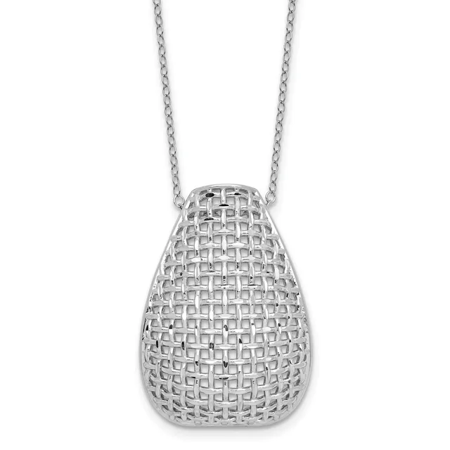 Silver teardrop-shaped pendant with a woven lattice pattern, suspended from a delicate chain.