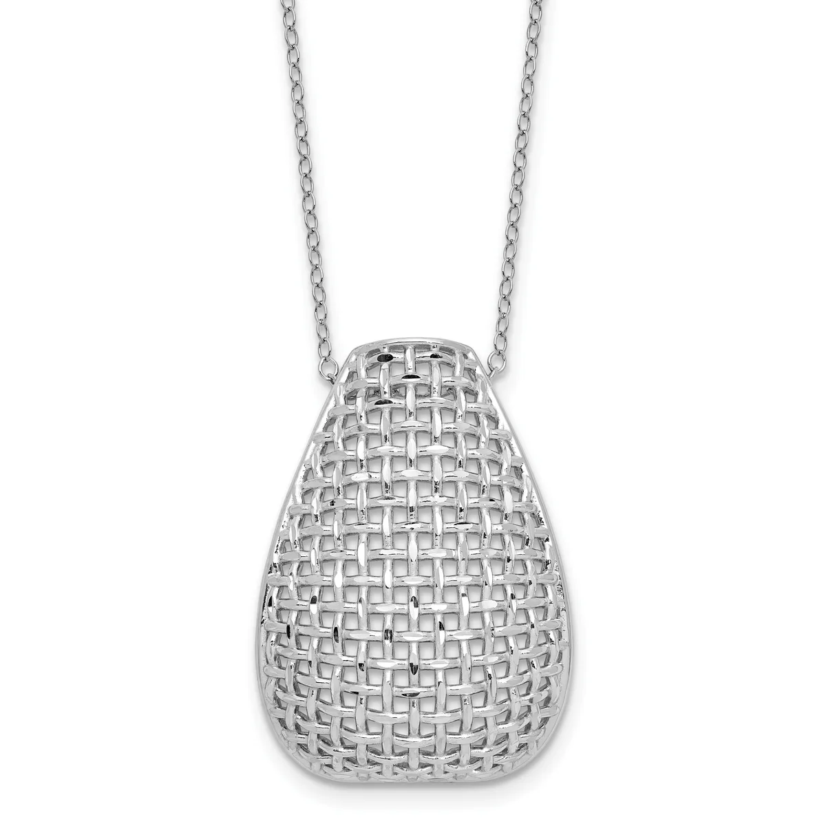 Silver teardrop-shaped pendant with a woven lattice pattern, suspended from a delicate chain.