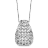 Silver teardrop-shaped pendant with a woven lattice pattern, suspended from a delicate chain.