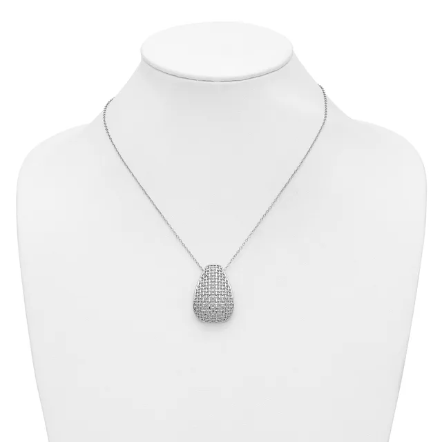 Silver teardrop-shaped pendant necklace with pave-set stones displayed on a white bust form.