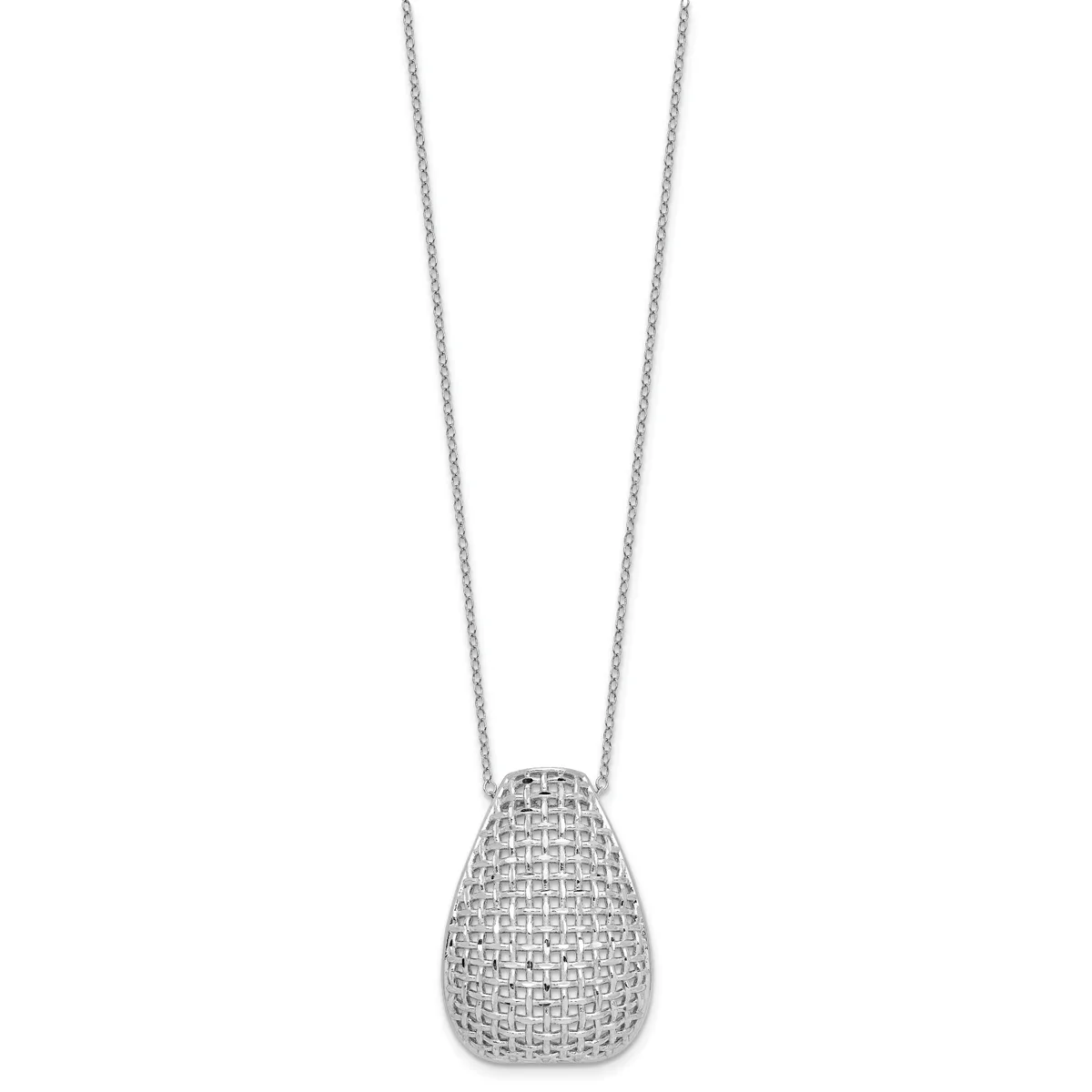 Silver teardrop-shaped pendant with textured mesh pattern on a delicate chain necklace.