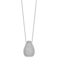 Silver teardrop-shaped pendant with textured mesh pattern on a delicate chain necklace.